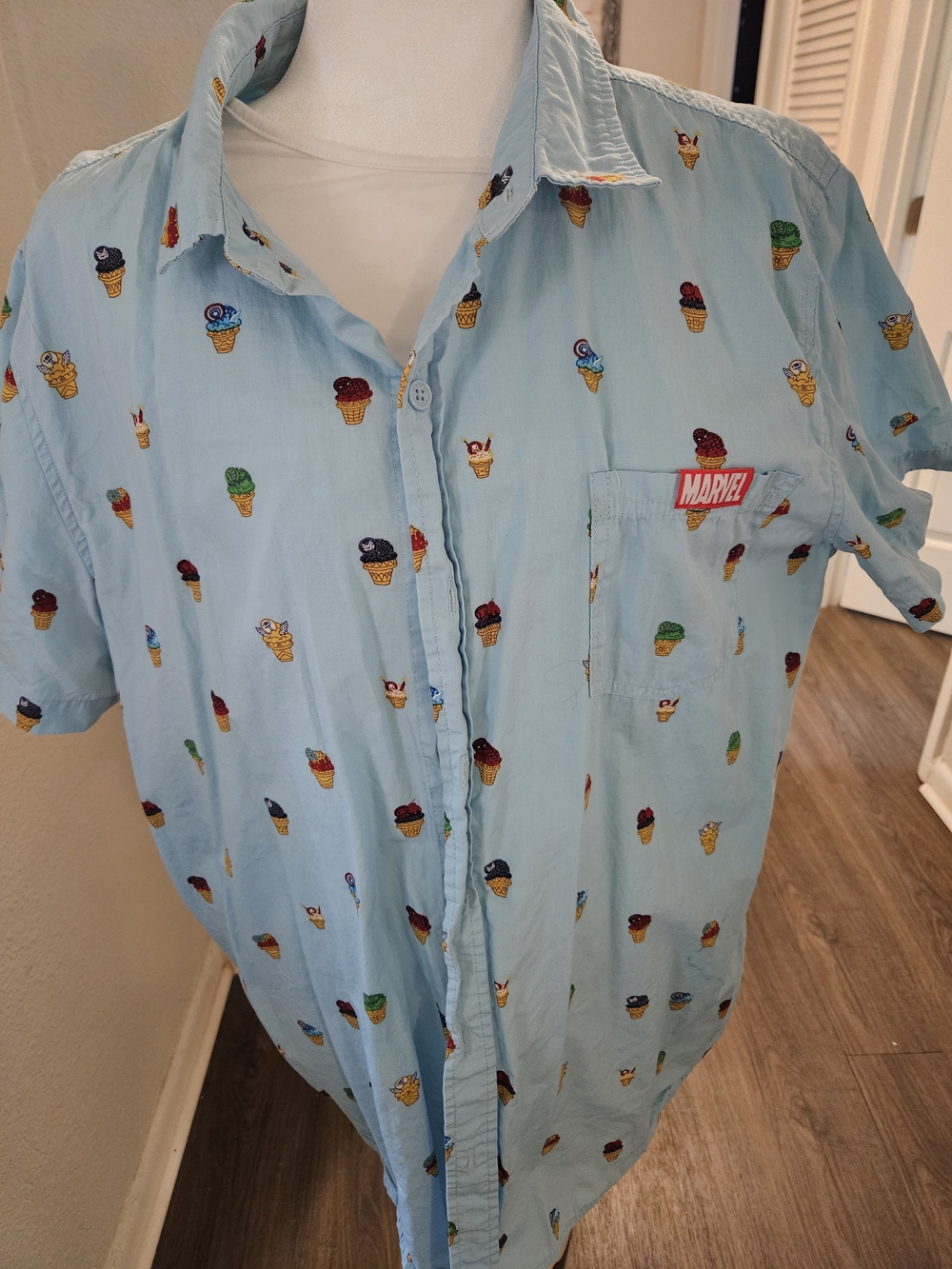 Marvel Light Blue Ice Cream Print Short Sleeve Button-Up Shirt